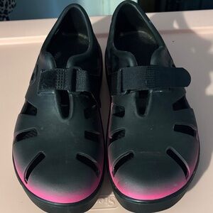 Black Oofos Sandals with Pink Ombre Tips